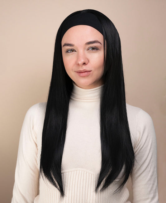 vegan fiber wig - 24" jet black with headband.