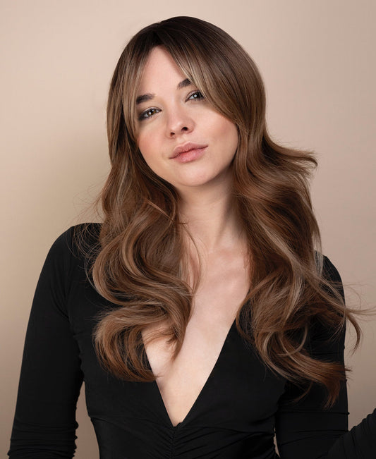 vegan fiber wig - 24" layered brown balayage.