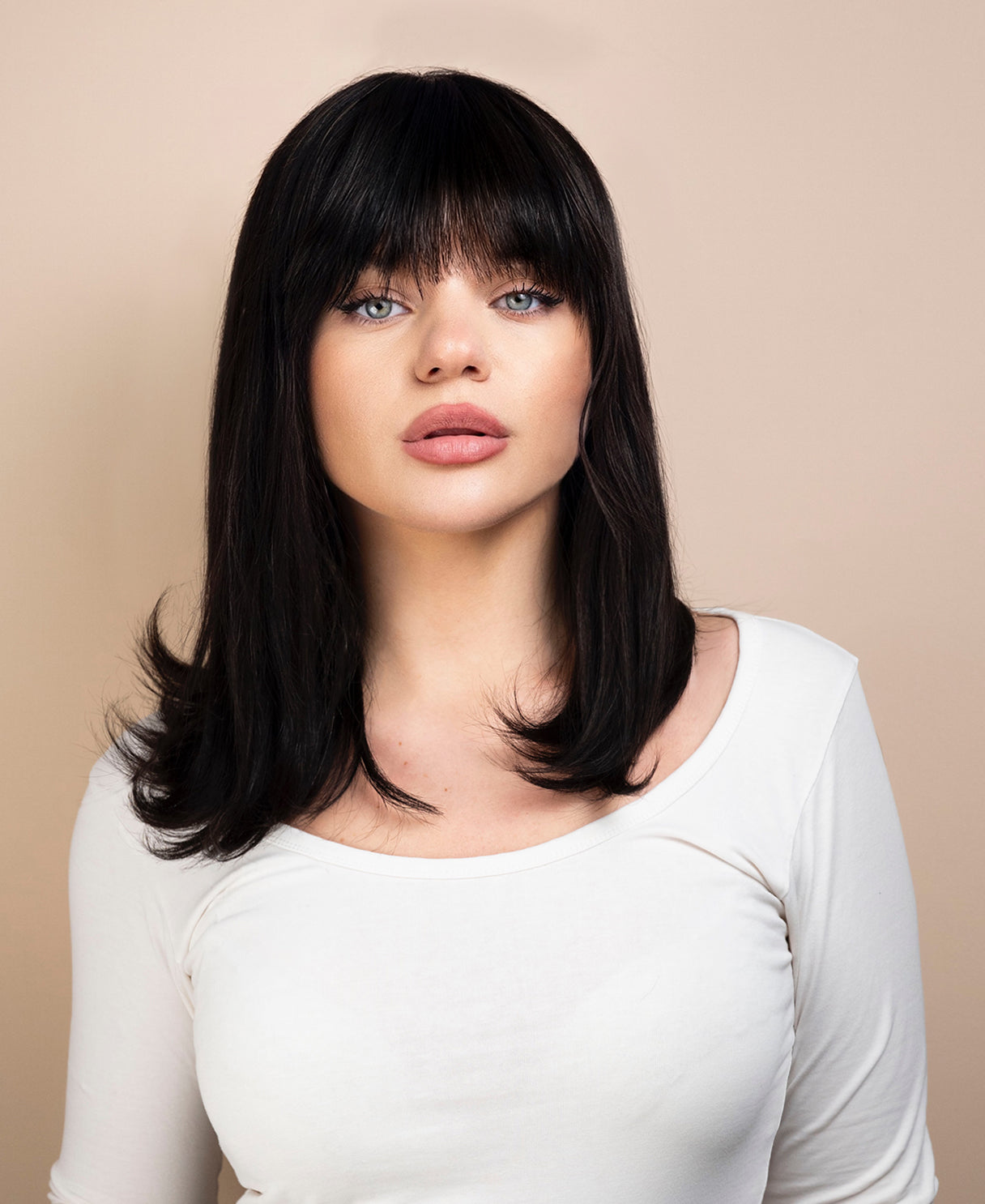 flipped ends blowout with fringe human wig - 14" espresso black.