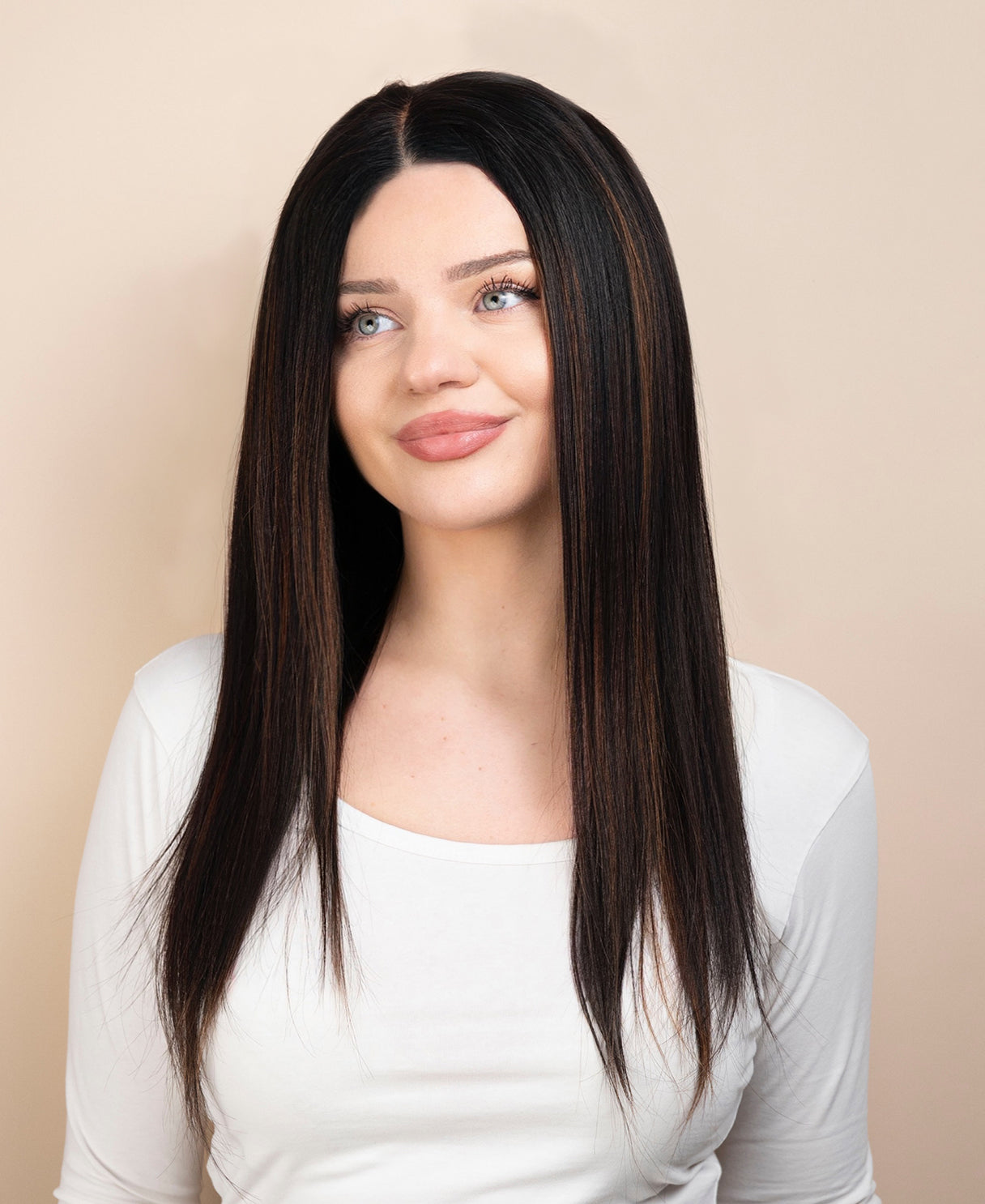 put on & go pre-cut lace human wig - 18" mocha balayage.