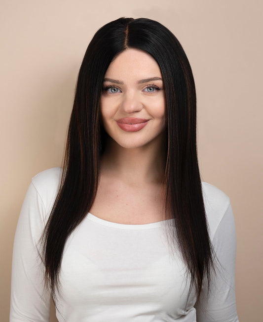put on & go pre-cut lace human wig - 18" mocha balayage.