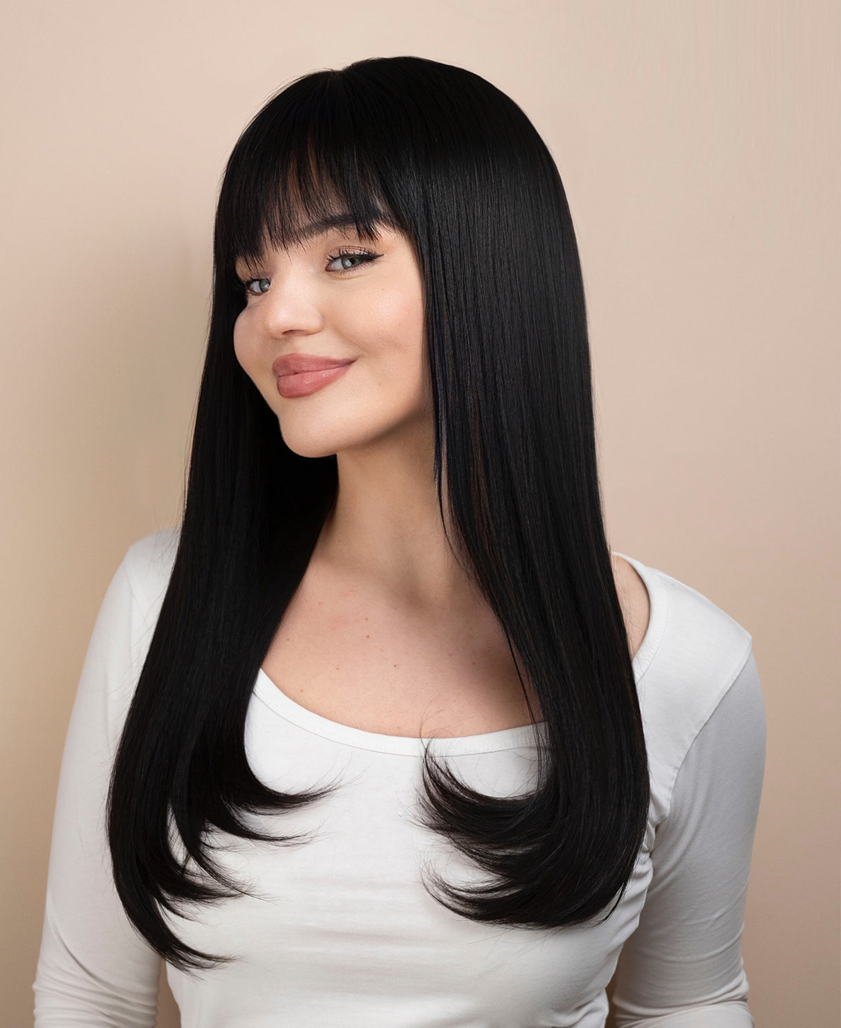 flipped ends blowout with fringe human wig - 18" espresso black.