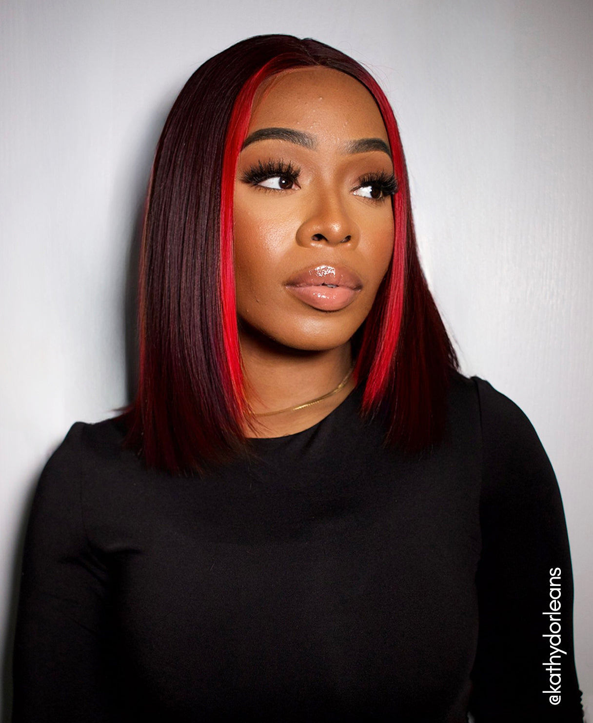 long bob human wig - 10" red money piece highlights.