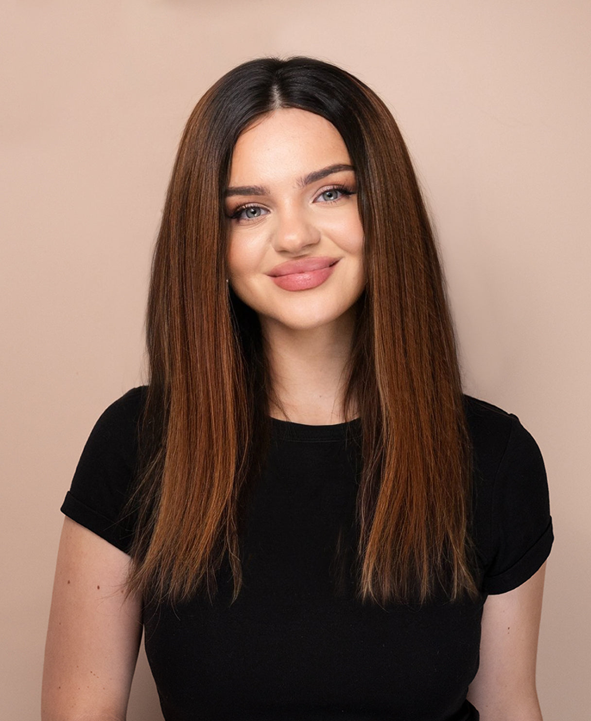 lace front human wig - 14" rooted brown.