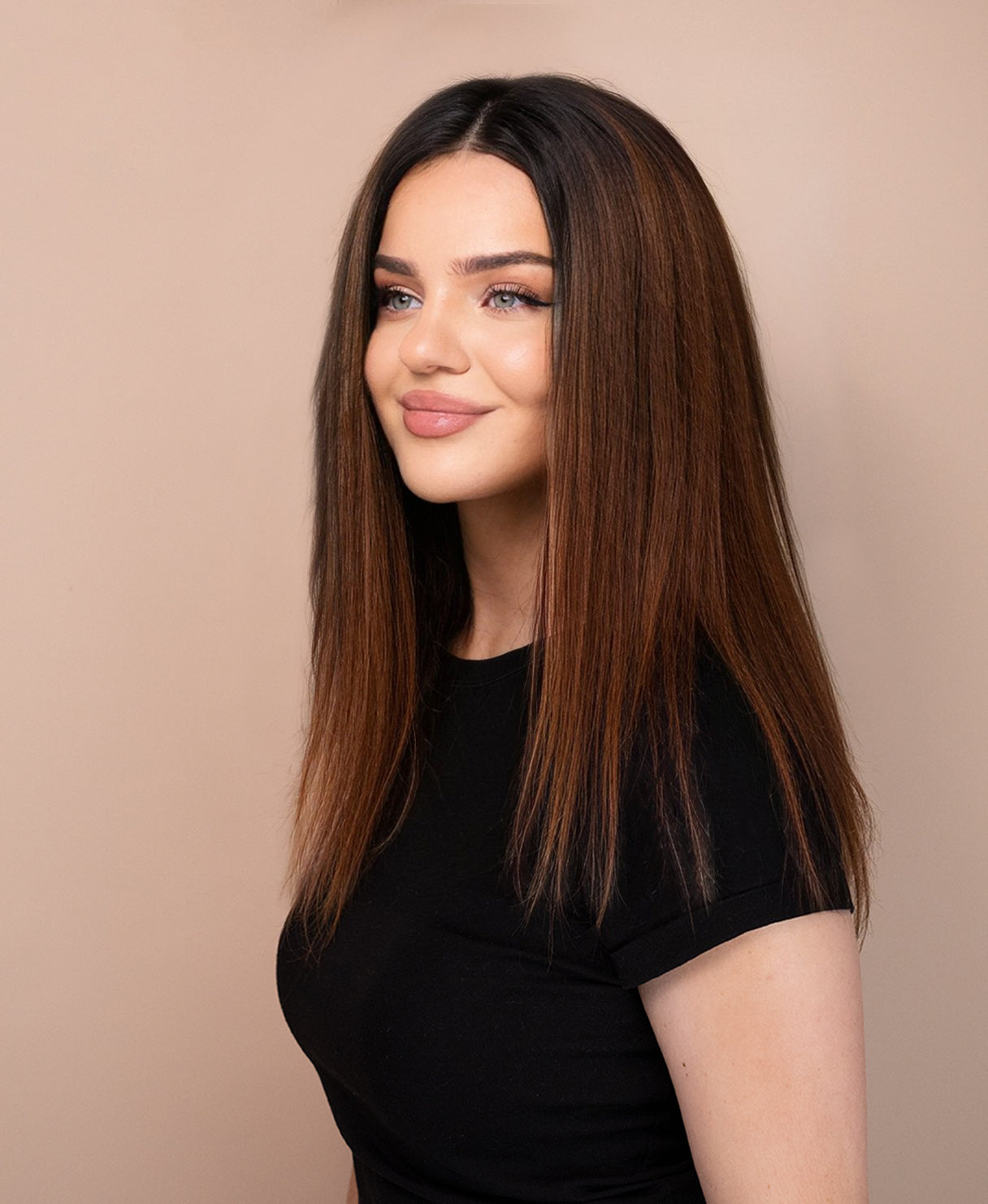 lace front human wig - 14" rooted brown.