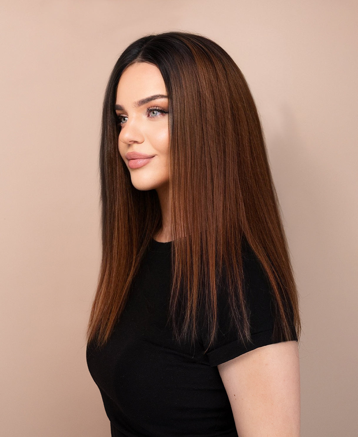 lace front human wig - 14" rooted brown.