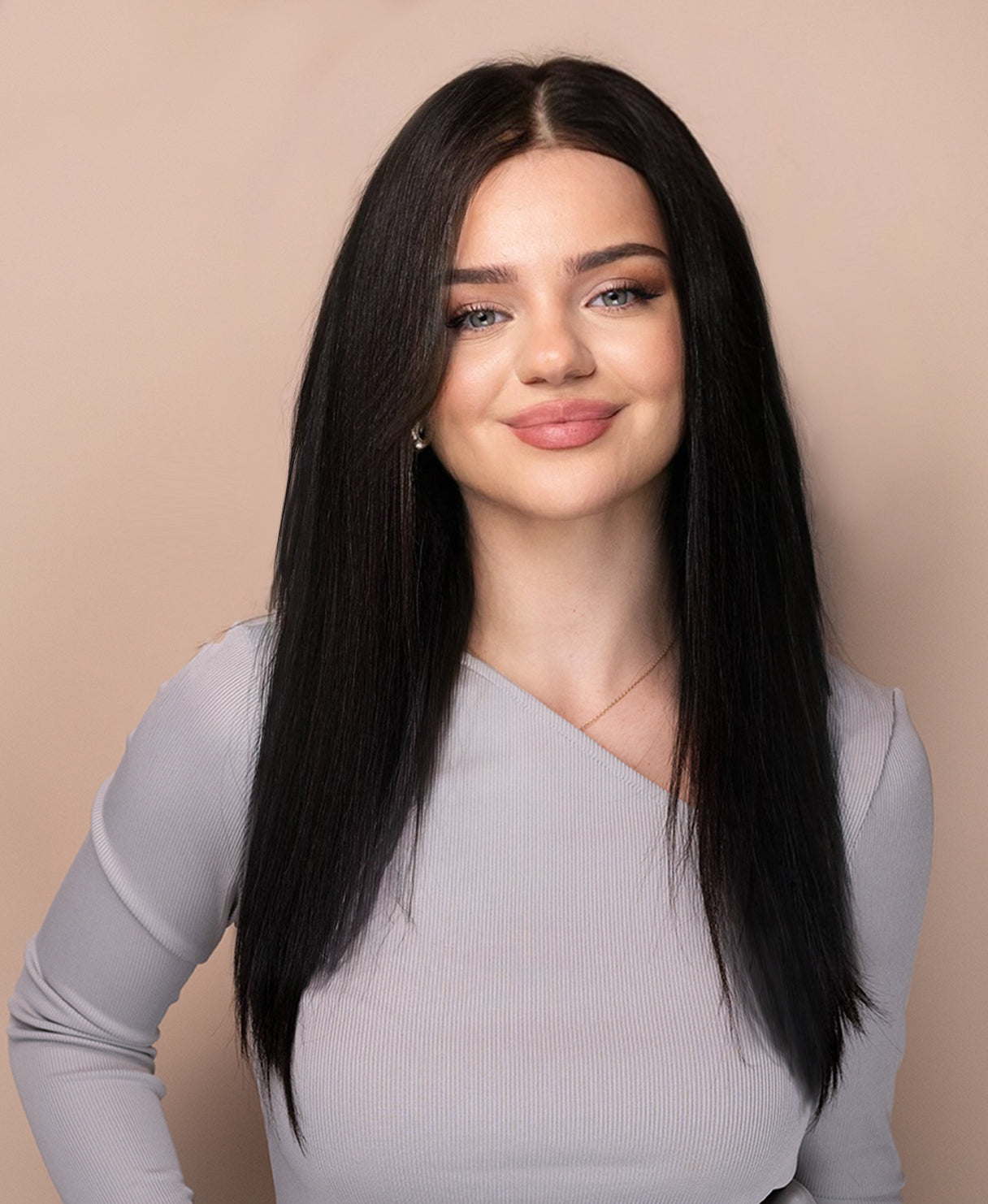 lace front layered human wig - 16" natural black.