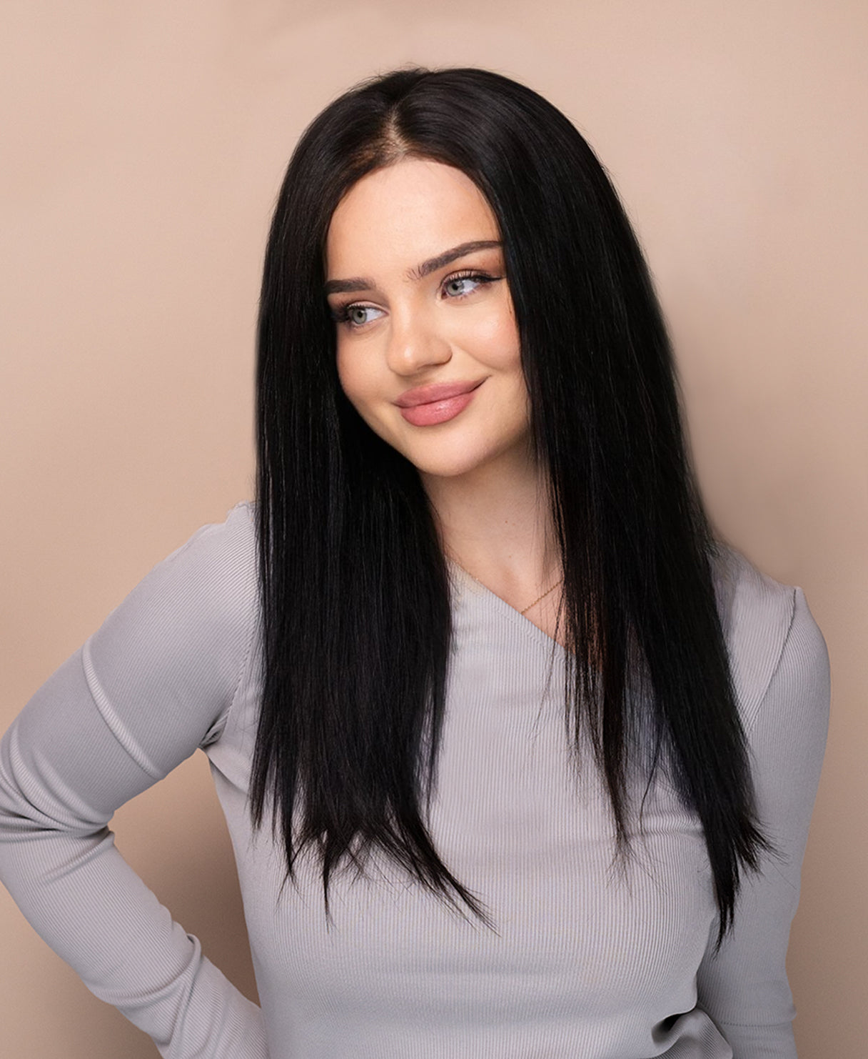lace front layered human wig - 16" natural black.