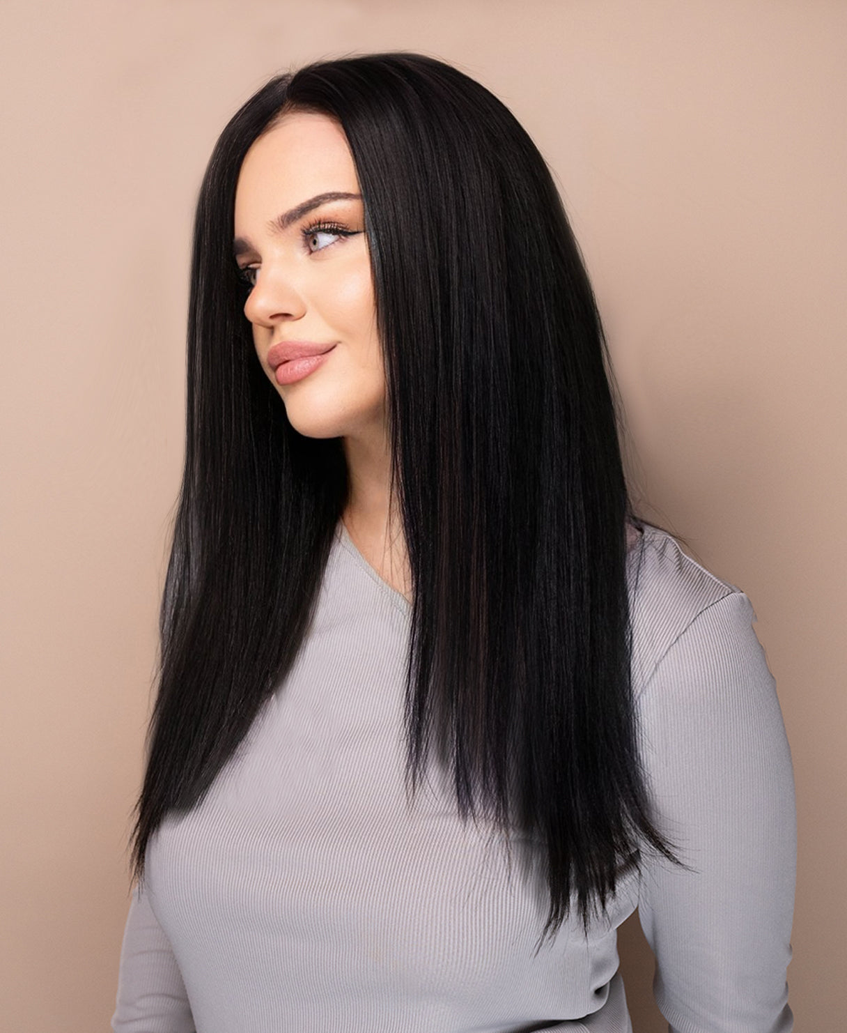 lace front layered human wig - 16" natural black.