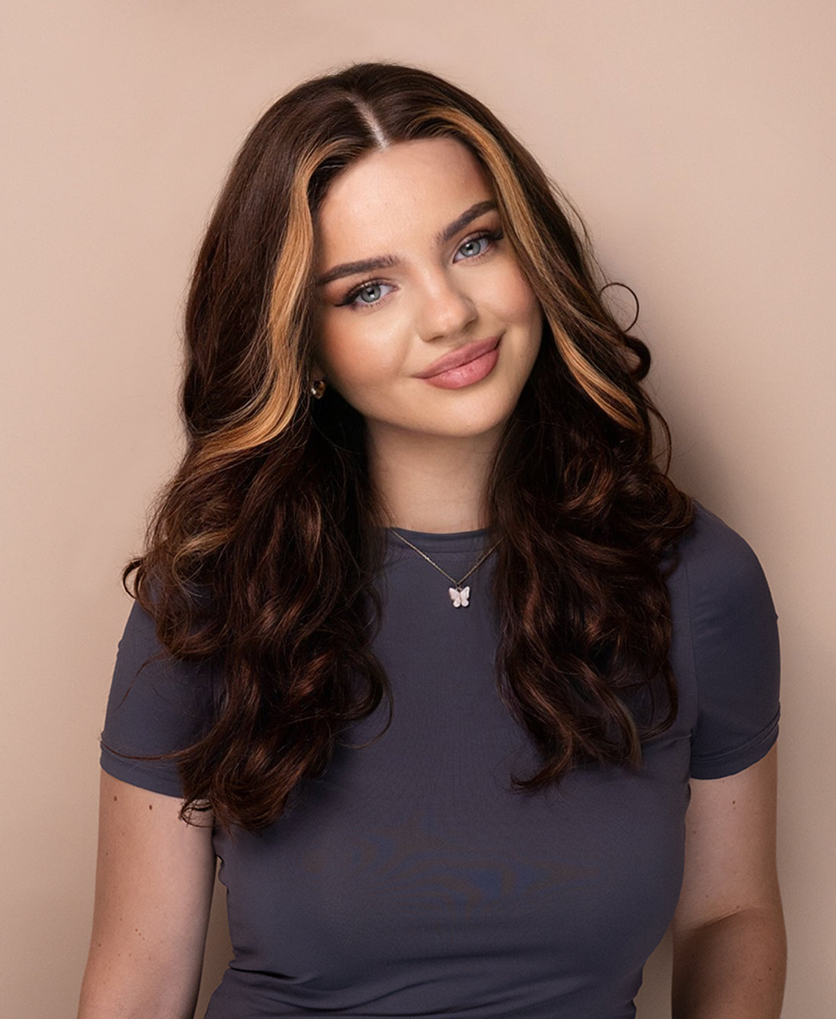 lace front human wig - 18" chocolate brown with moneypiece highlights.