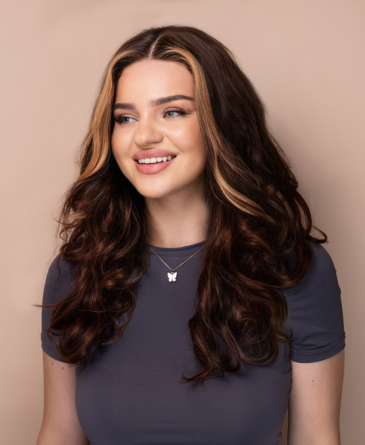 lace front human wig - 18" chocolate brown with moneypiece highlights.