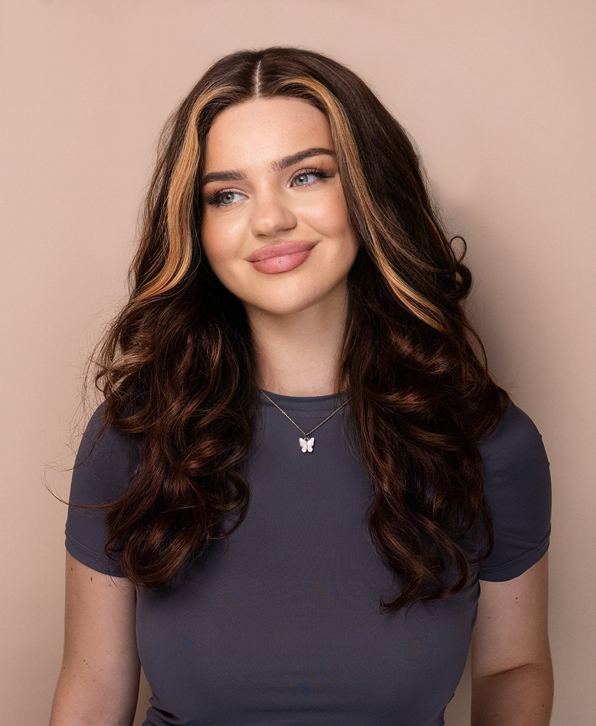 lace front human wig - 18" chocolate brown with moneypiece highlights.