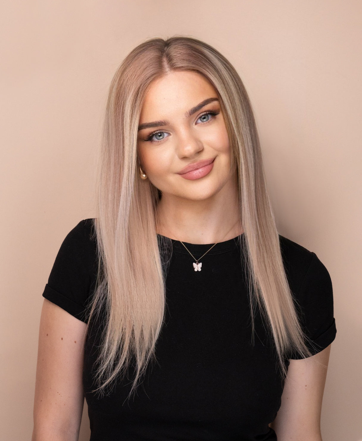 lace front human wig - 14" rooted blonde with highlights.