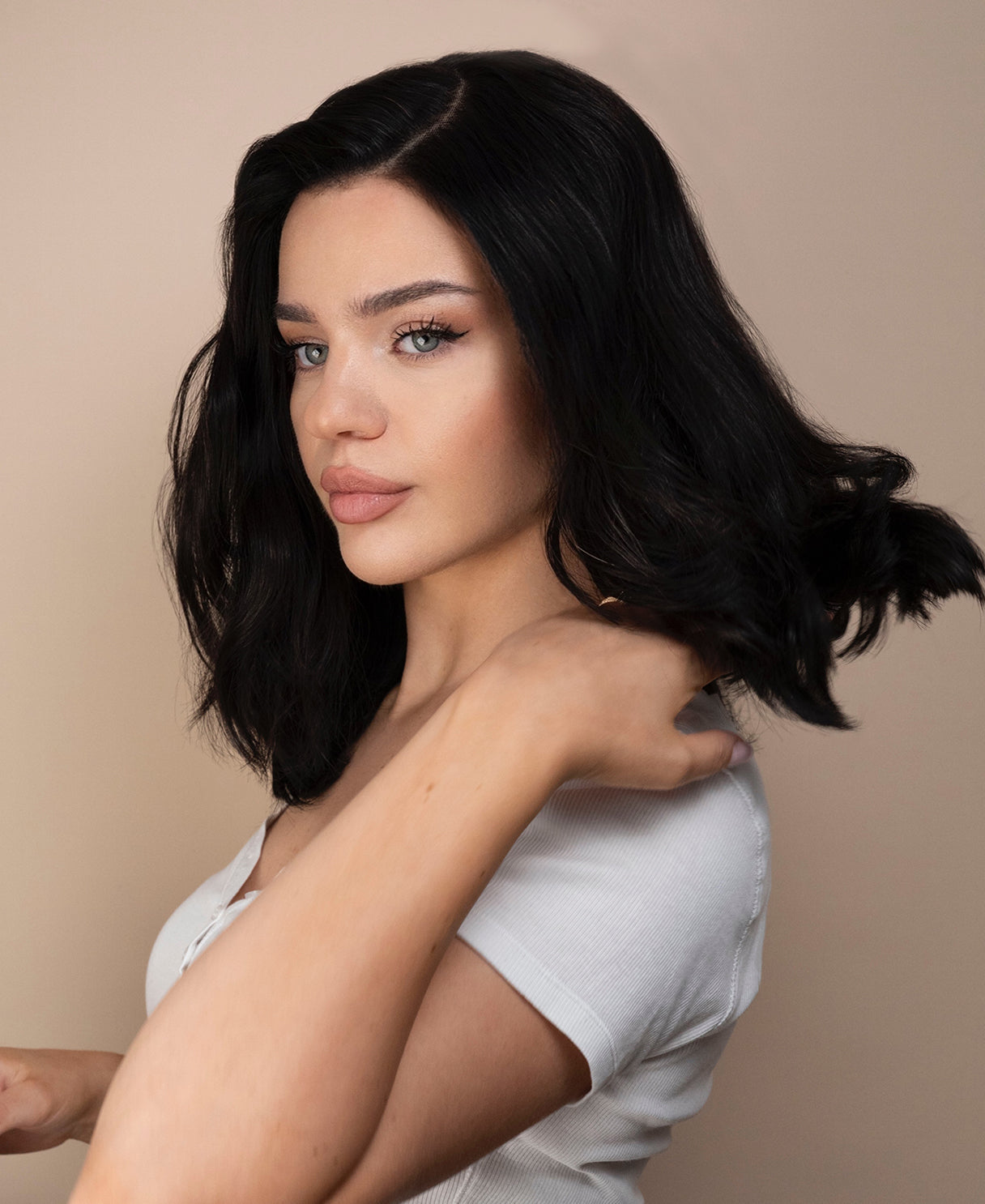 lace front human wig with side part - 14" natural black.