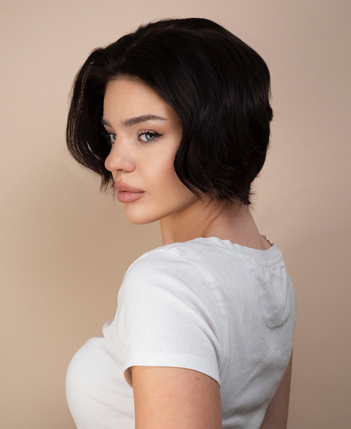 wedge lace front  human wig - 8" dark brown.