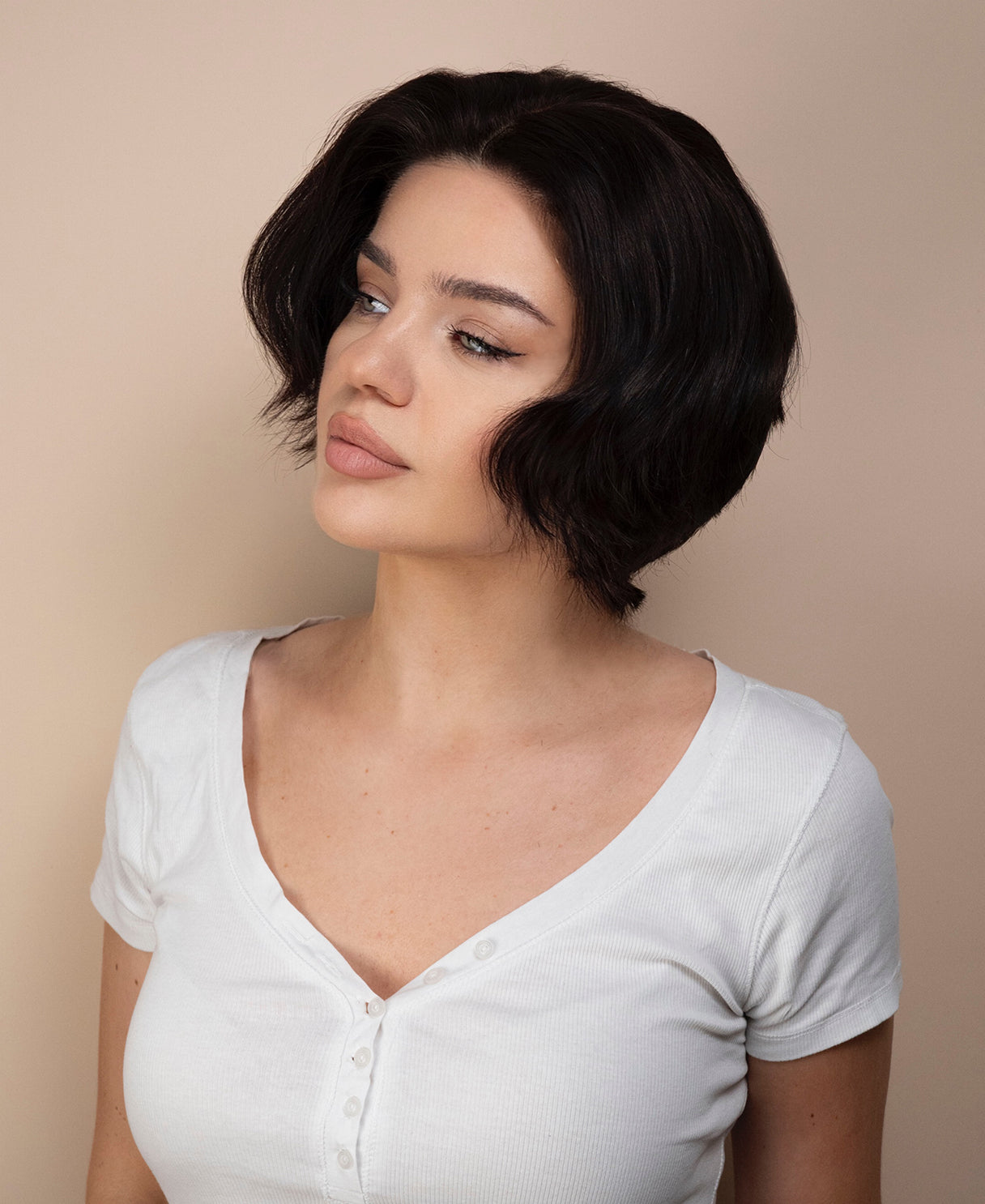 wedge lace front  human wig - 8" dark brown.