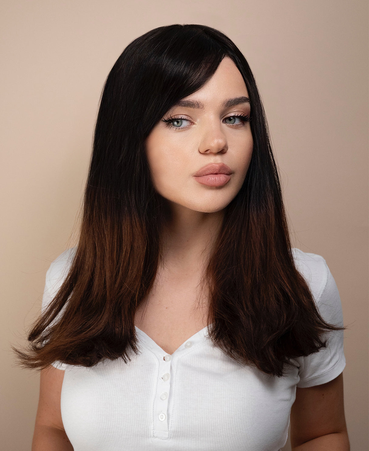 human hair wig with bangs - 20" brown ombre.