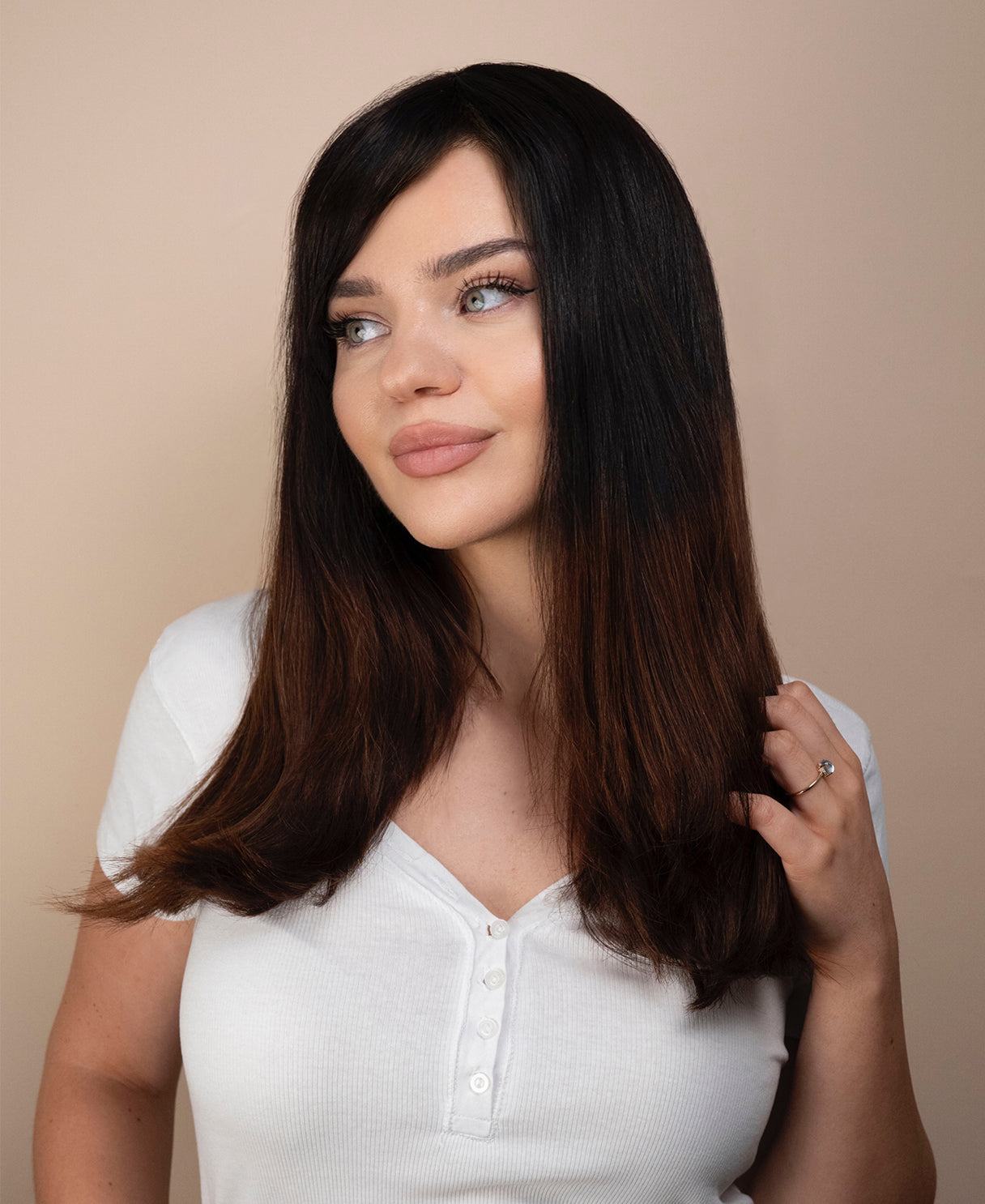 human hair wig with bangs - 20" brown ombre.