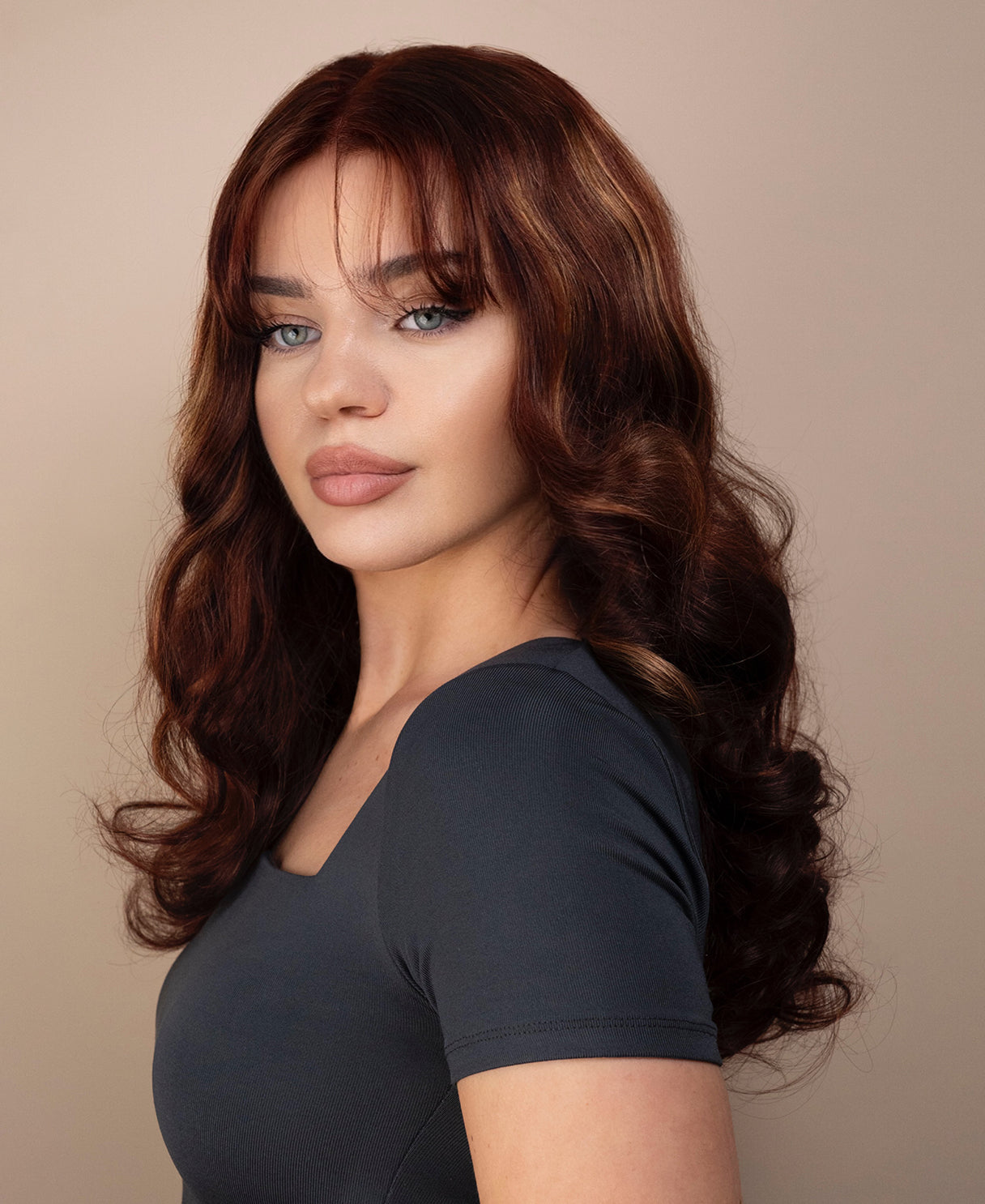 bouncy curls with bangs human wig - 18" auburn balayage.