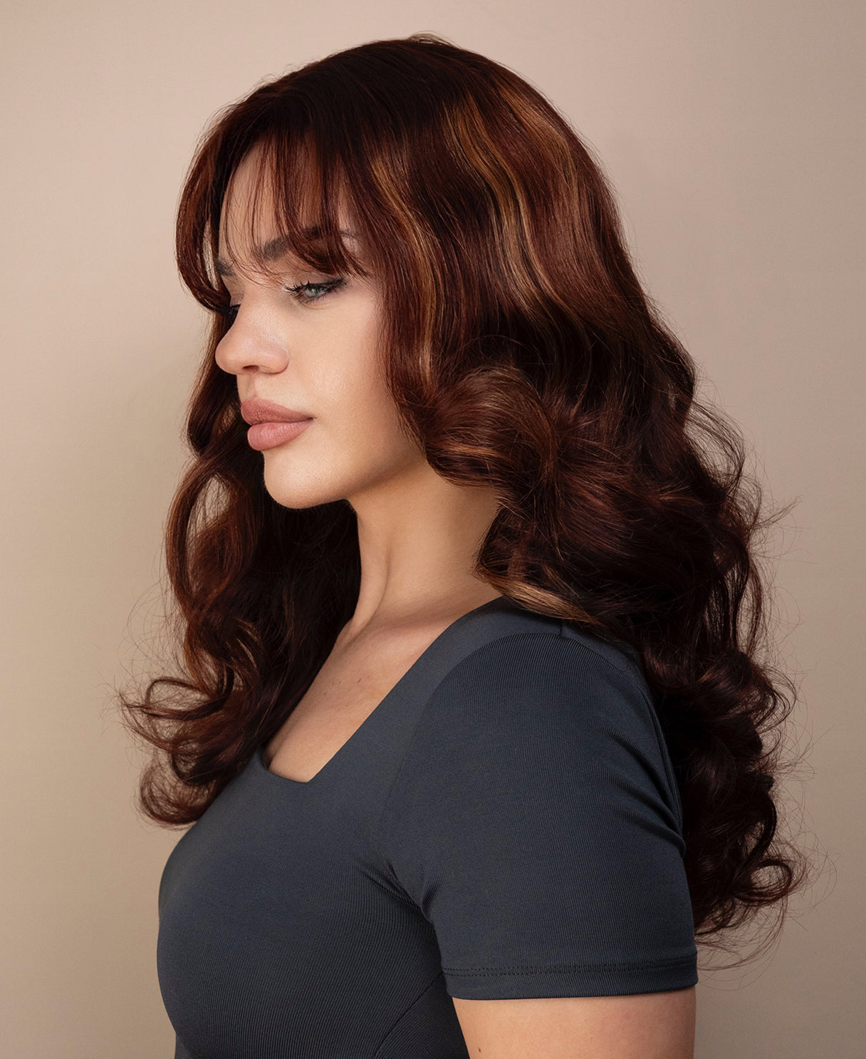 bouncy curls with bangs human wig - 18" auburn balayage.