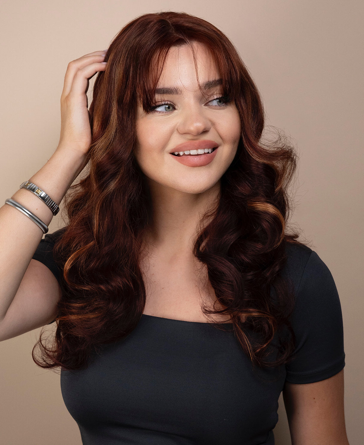 bouncy curls with bangs human wig - 18" auburn balayage.