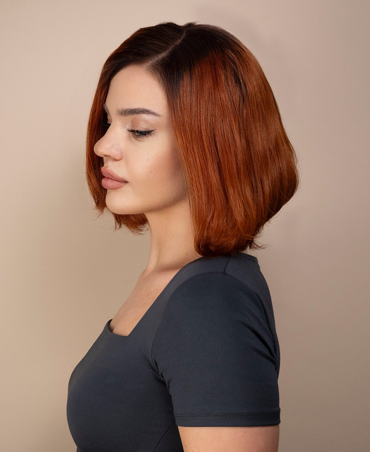 lace front bob human wig - 10" rooted copper.