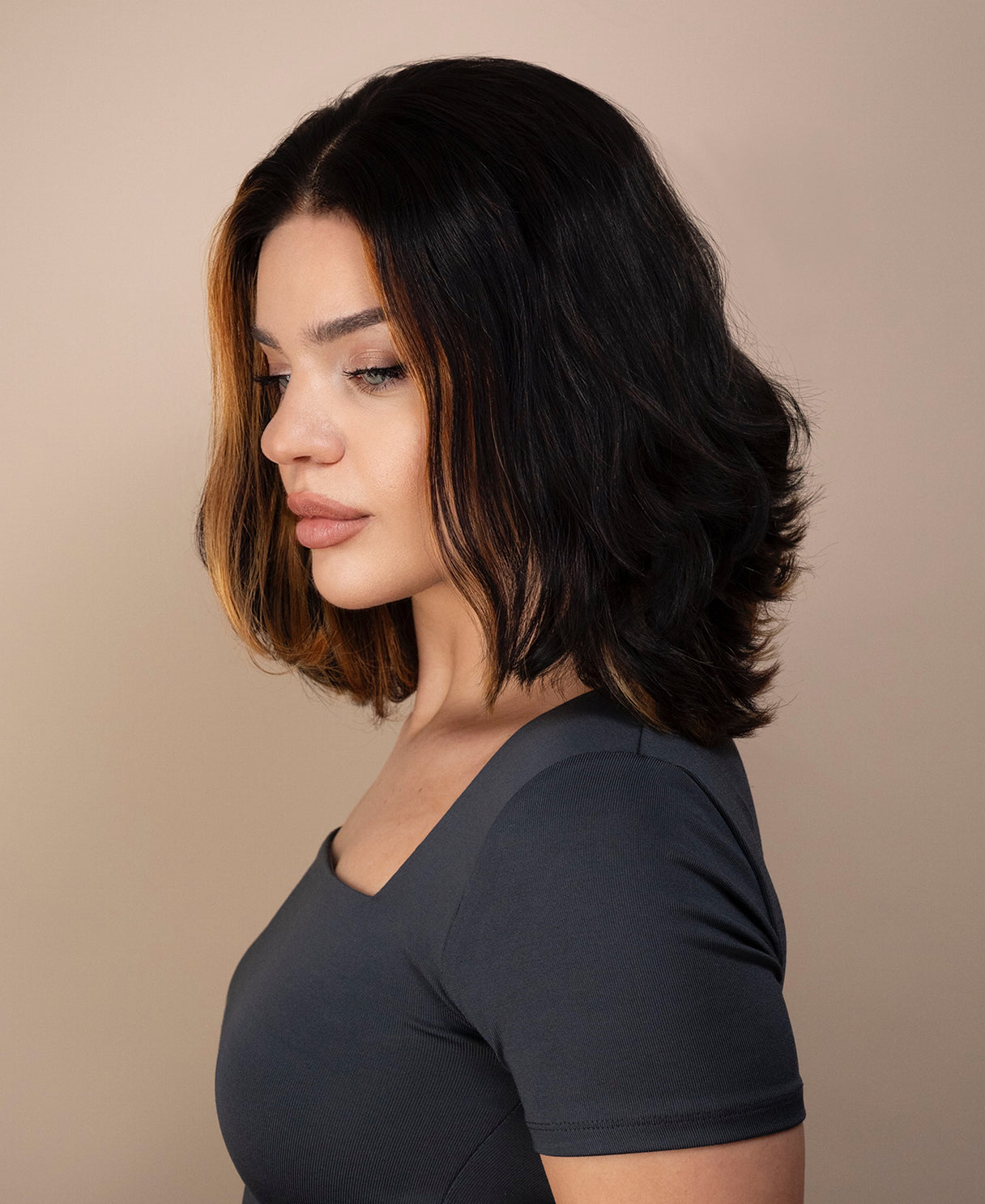 lace front bob human wig - 12" dark moneypiece.