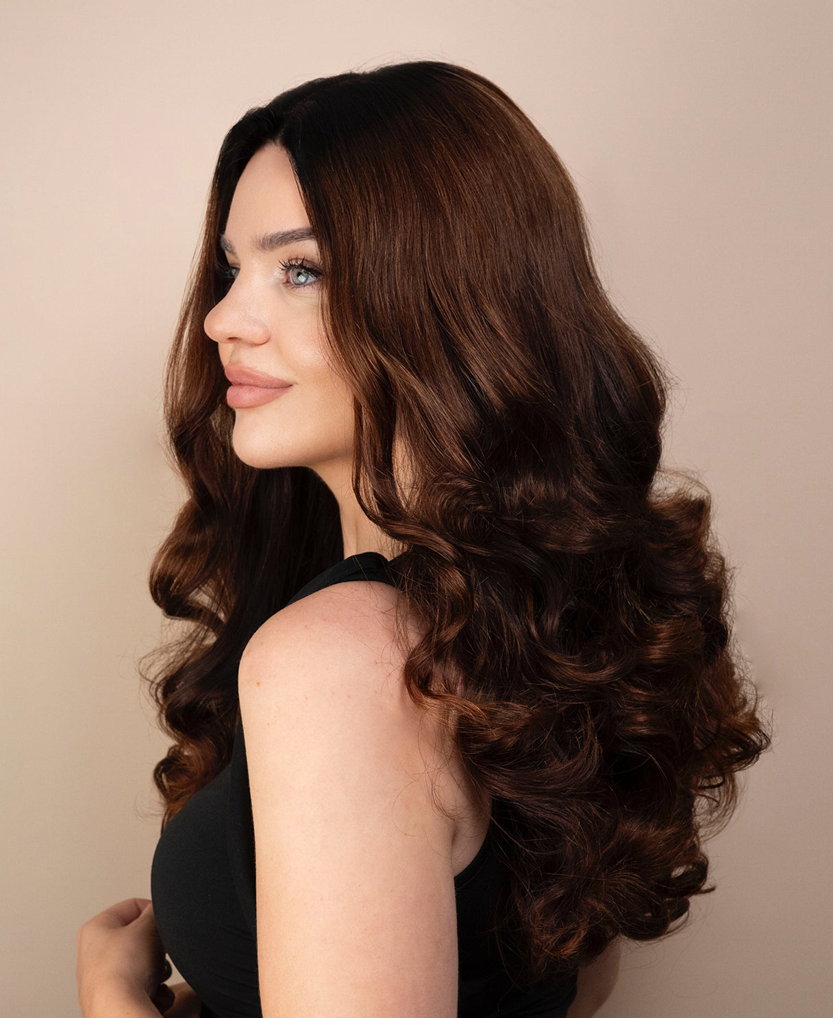 lace front human wig with bouncy curls - 18" dimensional brown.