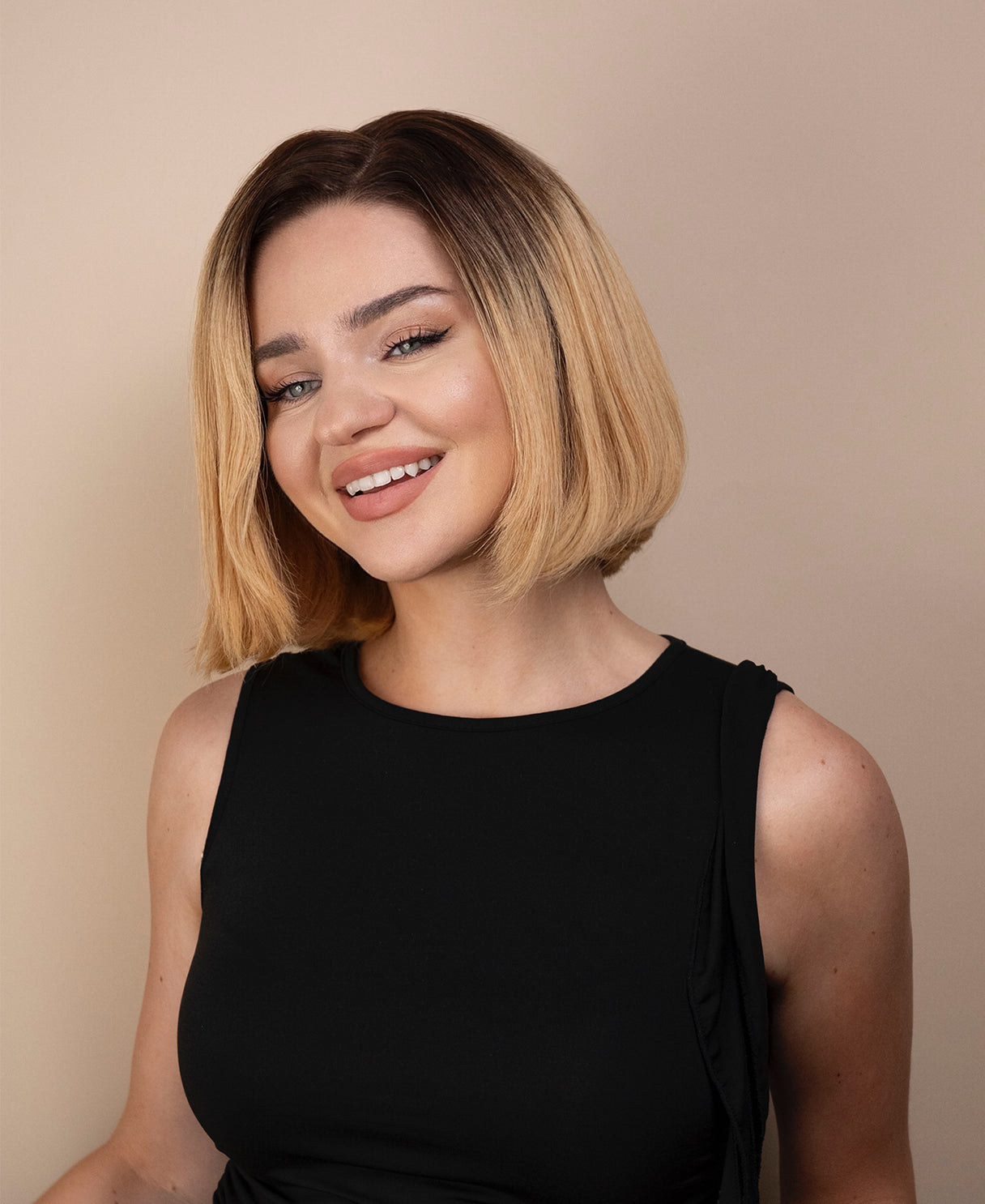 lace front bob human wig - 10" rooted honey blonde.