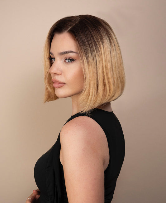 lace front bob human wig - 10" rooted honey blonde.