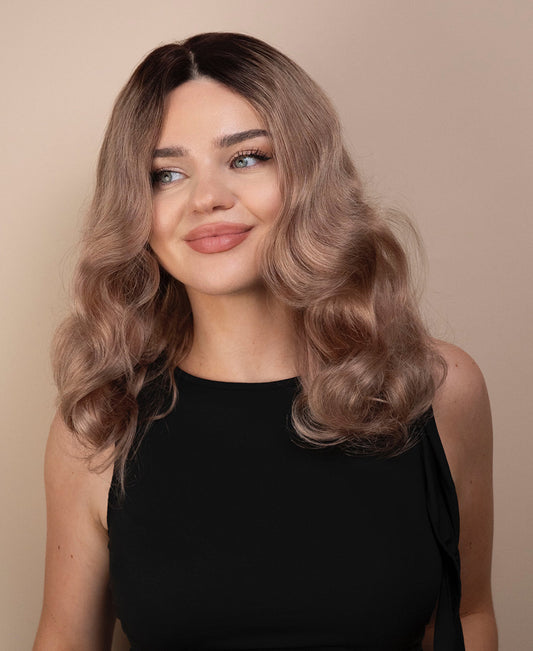 soft curls front lace wig - 14" rooted champagne blonde.