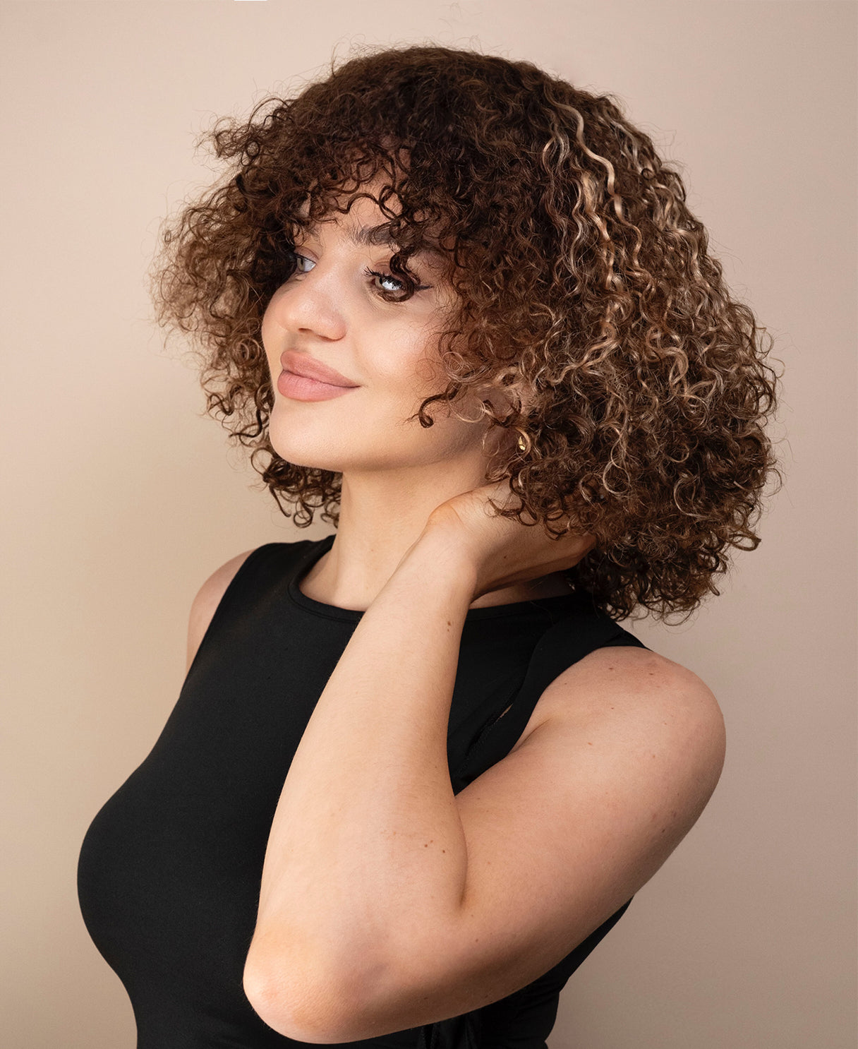 curly human hair wig with bangs - 10" brown balayage.