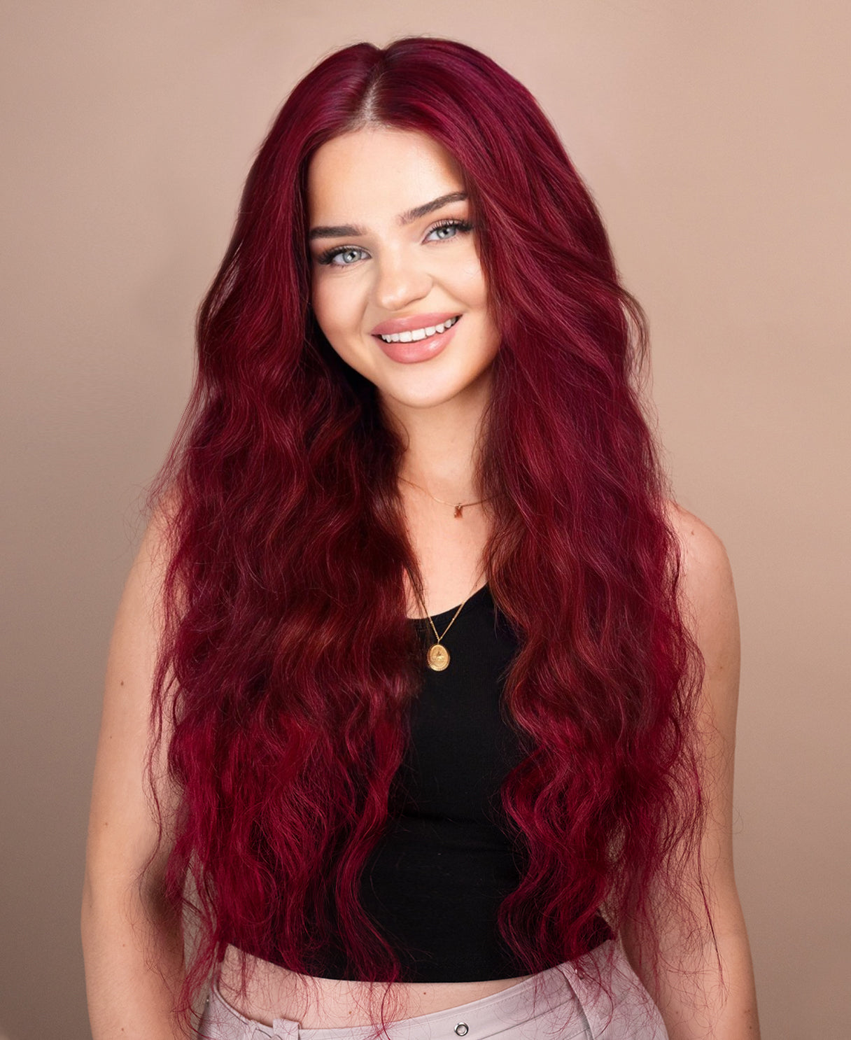 lace front human wig wavy 13x4 - 30" cherry red.