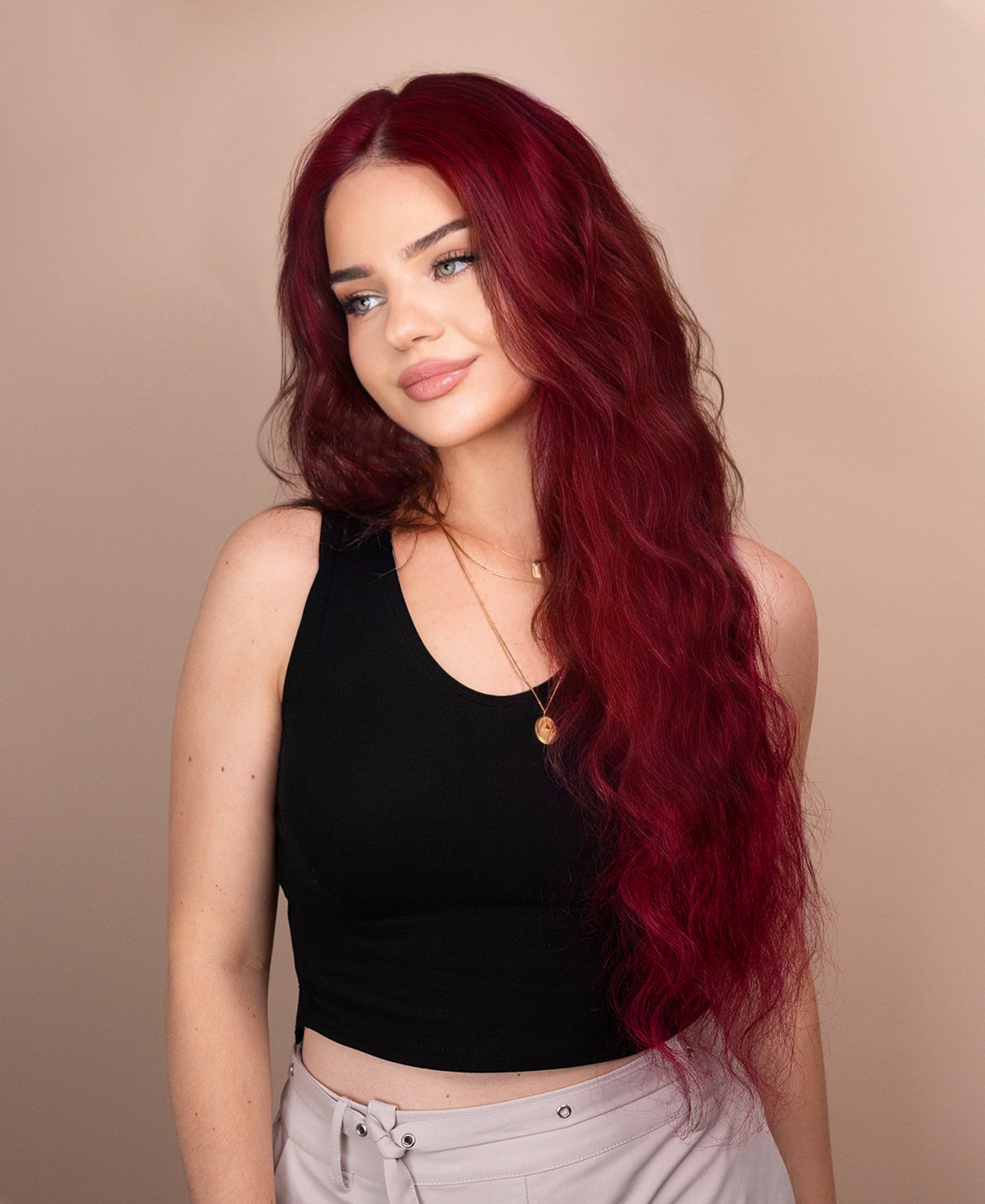 lace front human wig wavy 13x4 - 30" cherry red.