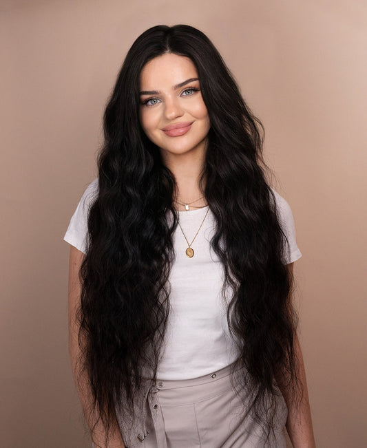 lace front human wig wavy 5x5 - 32" natural black.