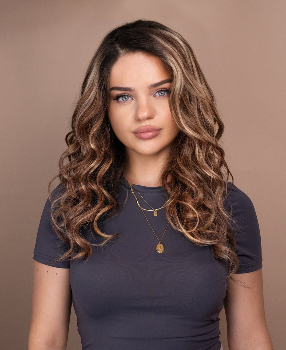 put on & go pre-cut lace wavy human wig - 20" bronzed highlights.