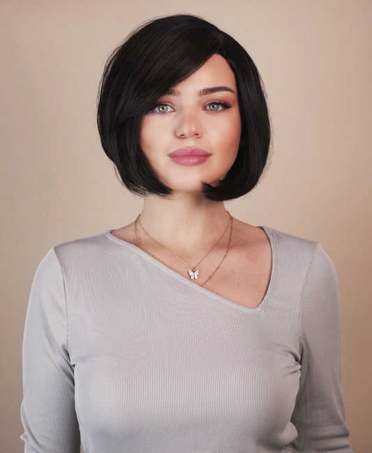 vegan fiber bob with side bangs wig - 10" black.