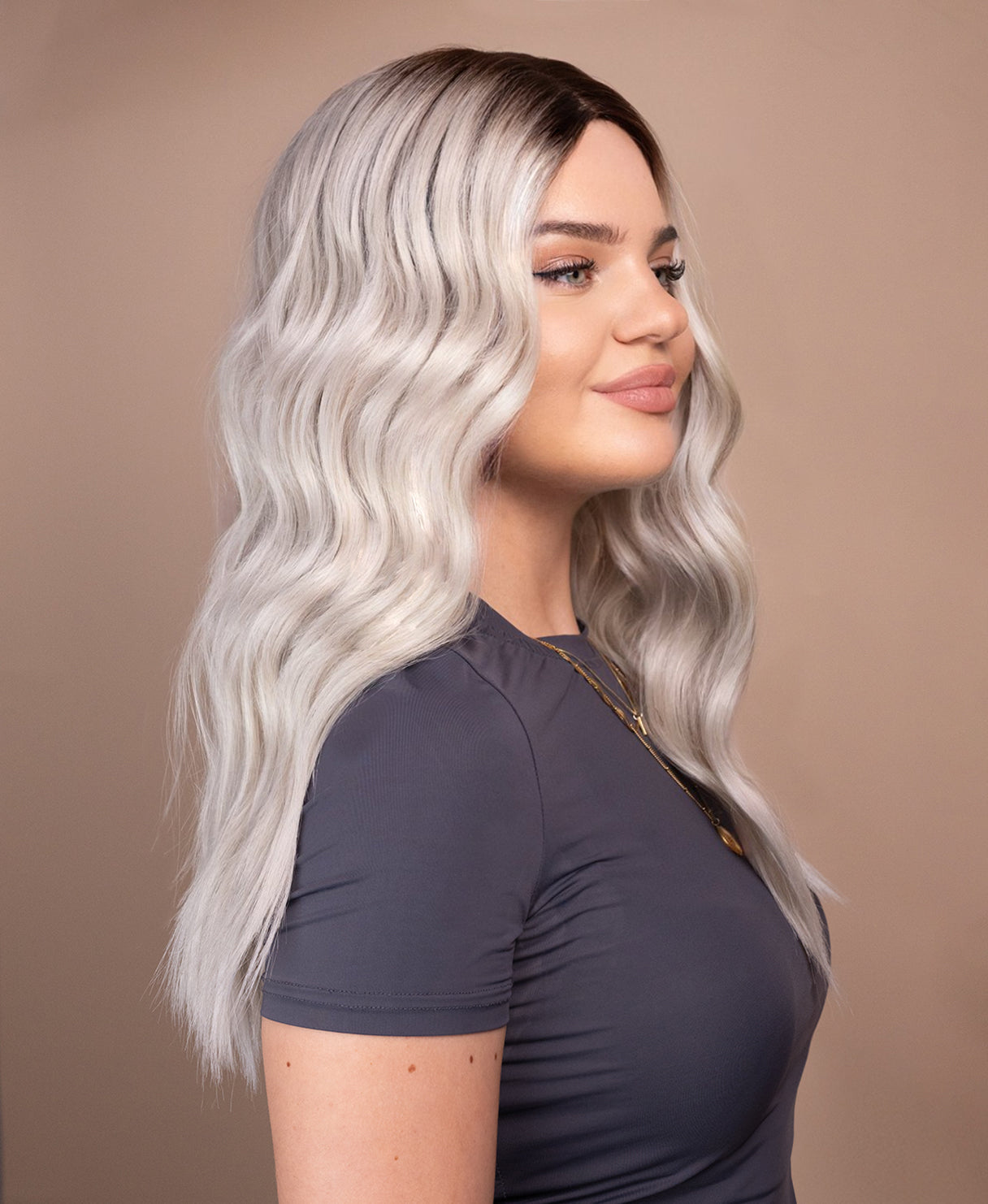 vegan fiber wavy wig - 20" rooted white blonde.