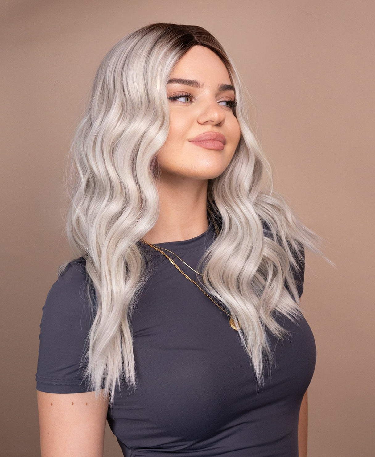 vegan fiber wavy wig - 20" rooted white blonde.
