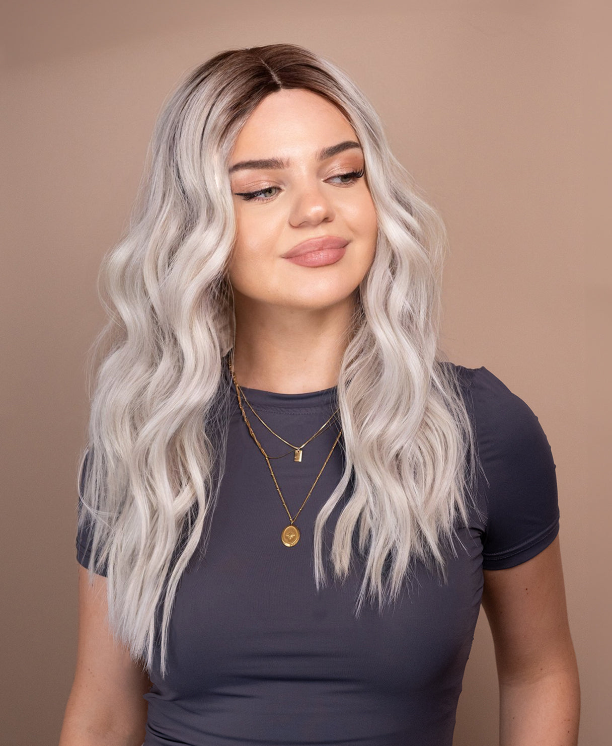 vegan fiber wavy wig - 20" rooted white blonde.
