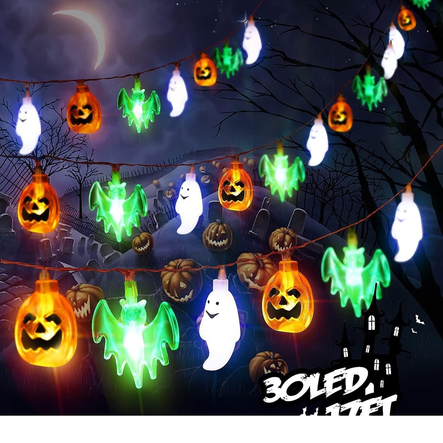 Sainishops™LED Halloween Pumpkin Spider Bat Skull String Light Lamp