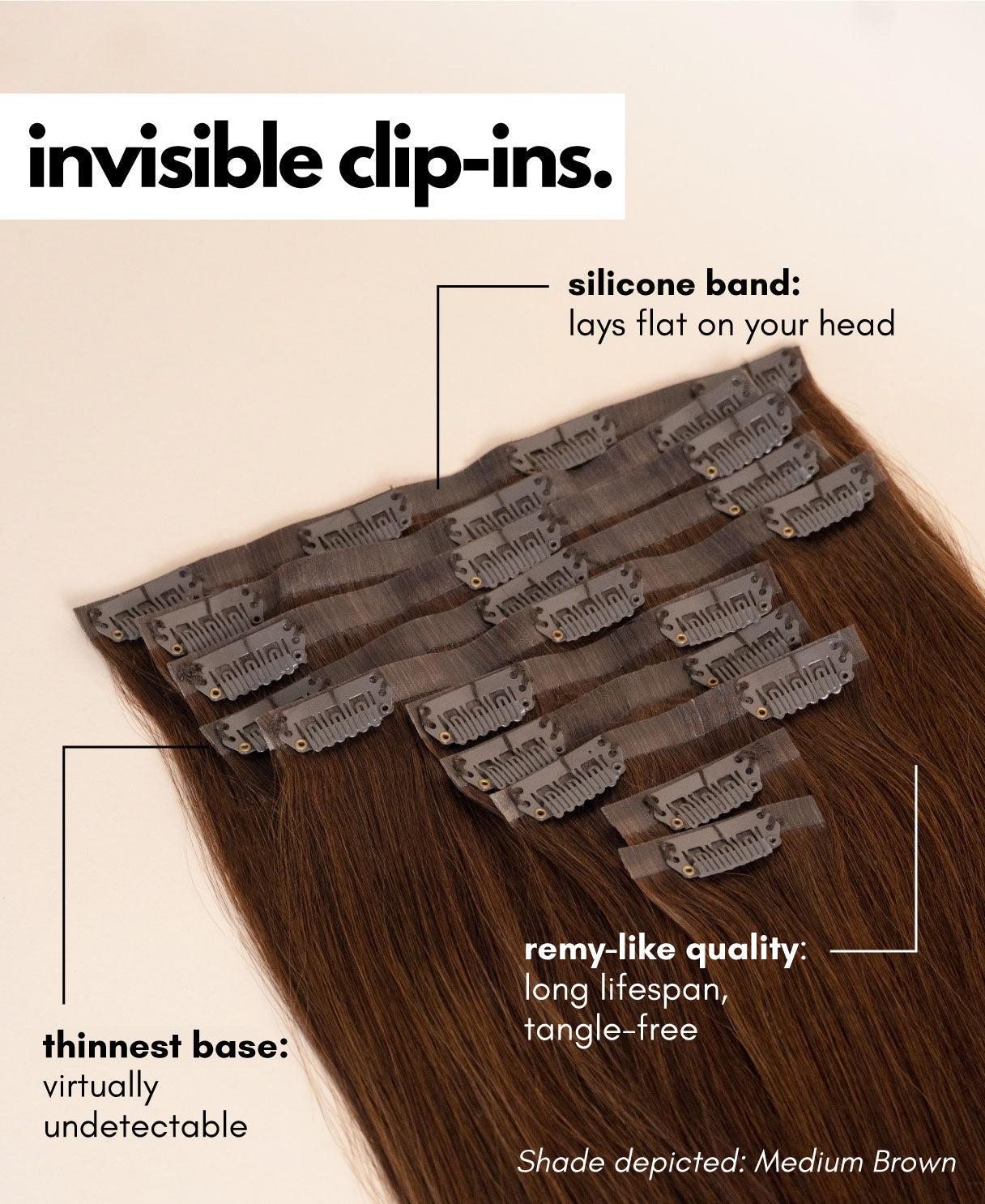invisible clip-in hair extensions medium brown.
