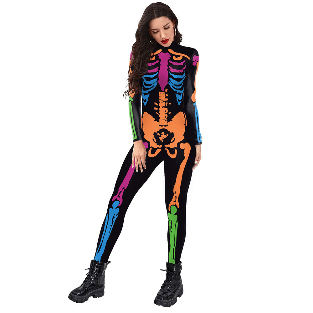 Sainishops™New Halloween Colorful Human Skeleton Print Jumpsuit