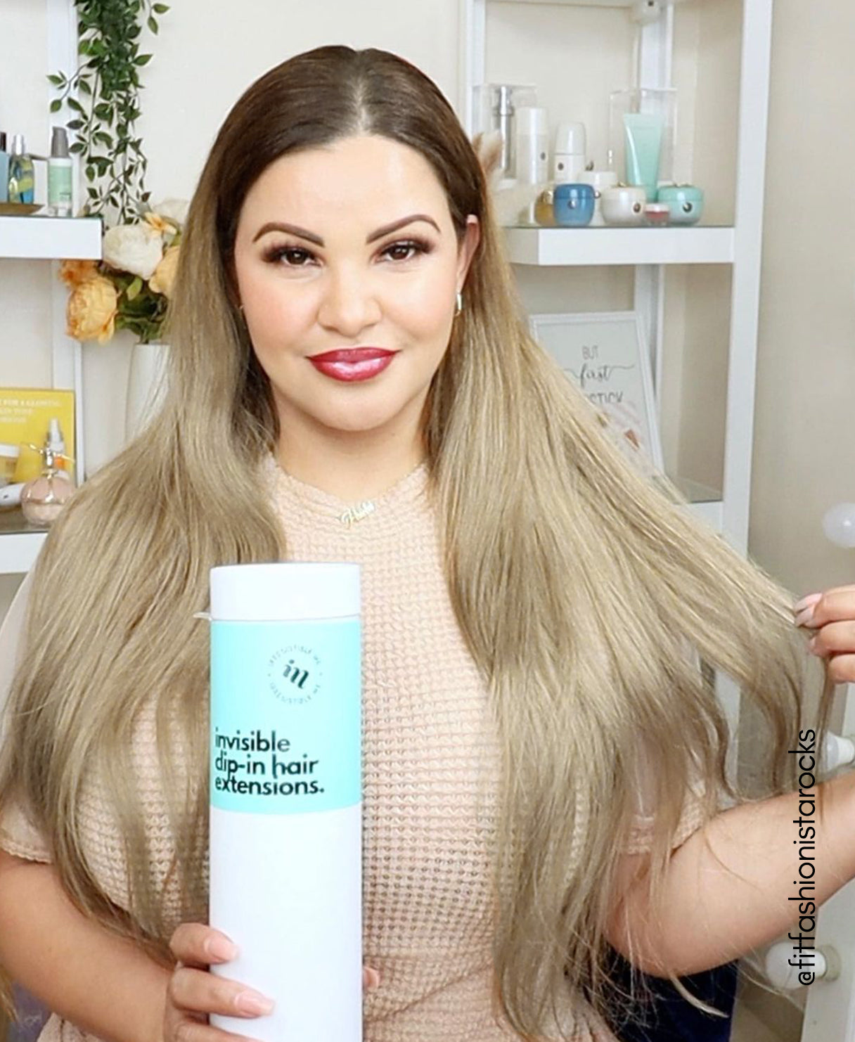 invisible clip-in hair extensions rooted blonde.