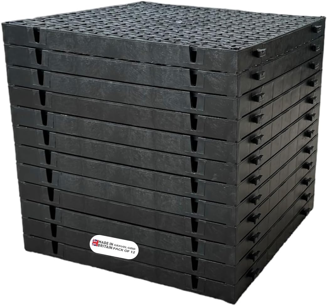 (Pack of 12) Black Plastic Paving Driveway Grid Turf Grass Lawn Path Gravel Protector Drainage Mat