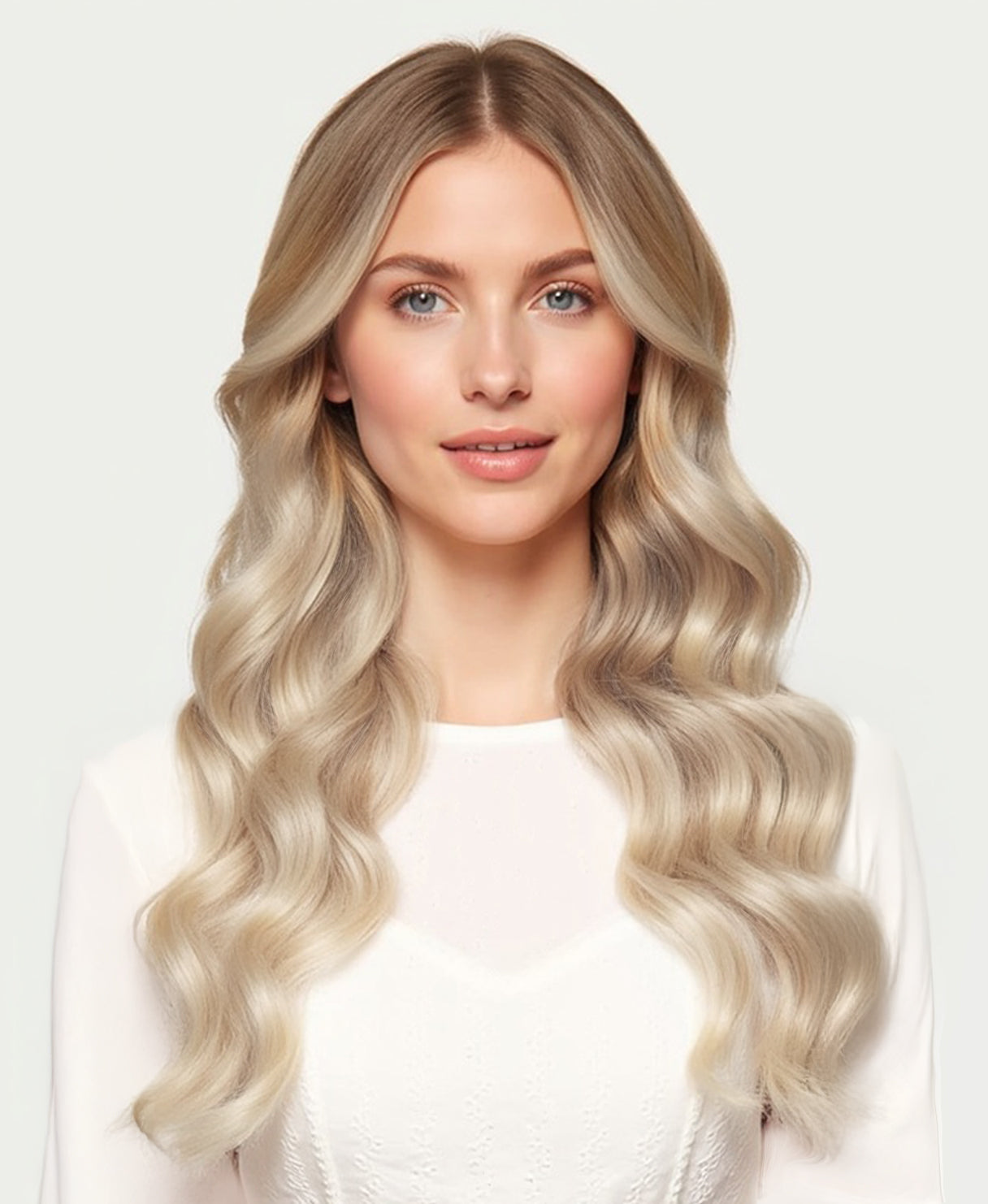 invisible clip-in hair extensions shadow root white blonde.