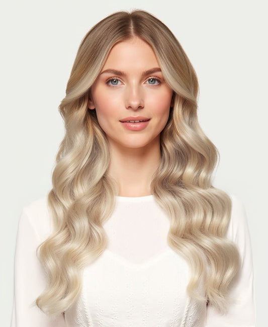 invisible clip-in hair extensions shadow root white blonde.