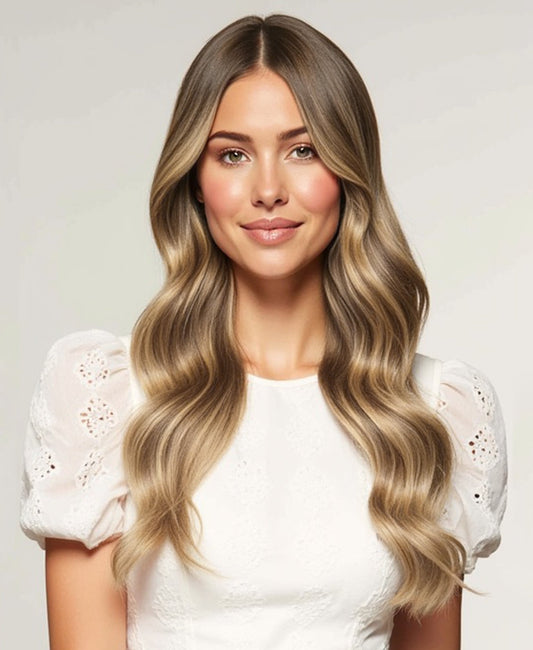 invisible clip-in hair extensions teddy blonde balayage.