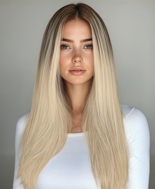 invisible clip-in hair extensions rooted blonde.