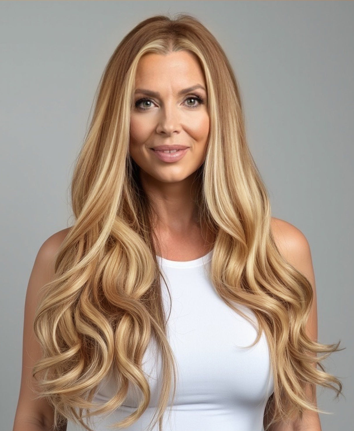 invisible clip-in hair extensions blonde balayage.